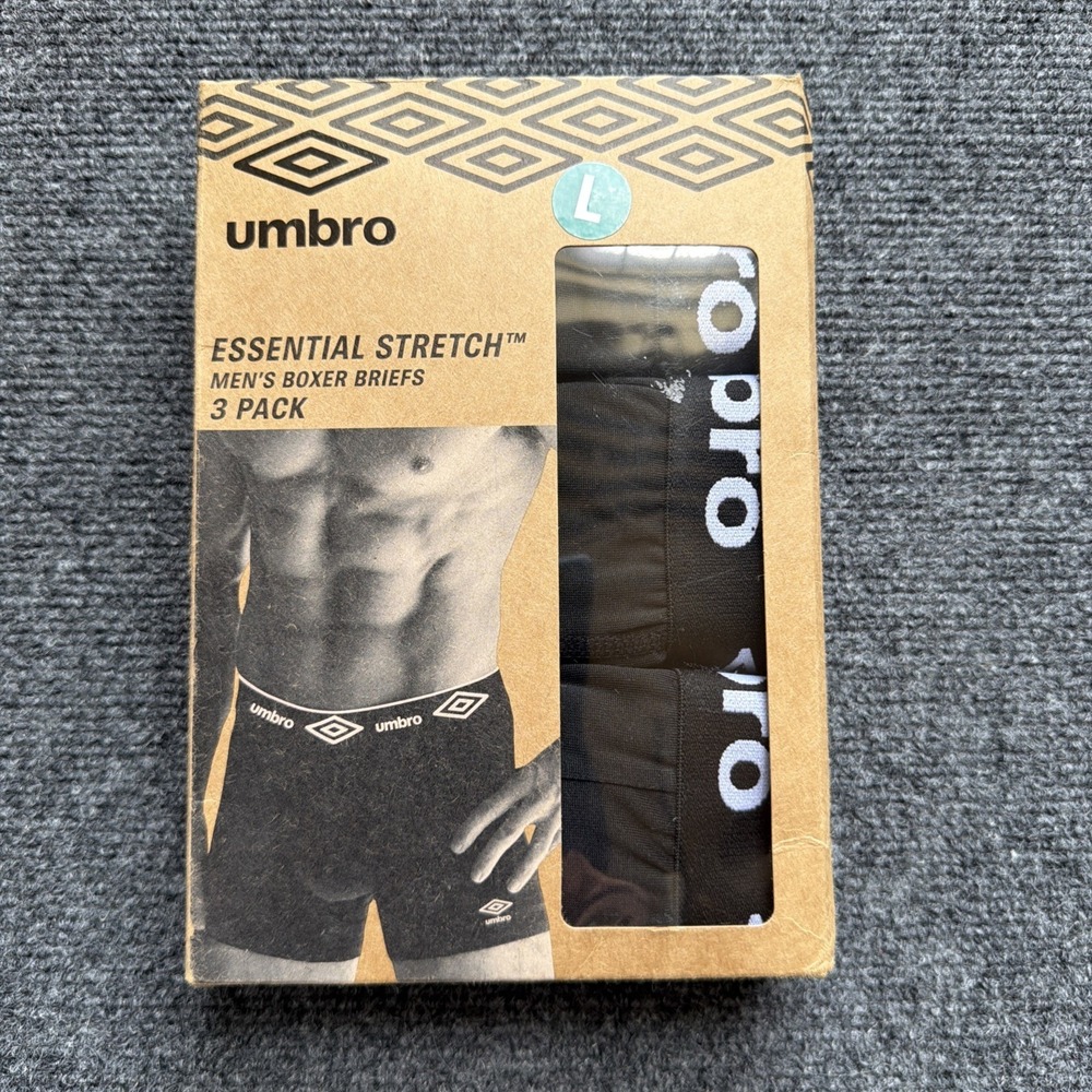 Umbro Black Boxer Briefs 3 Pack Essential Stretch Athletic Comfort NWT Size L